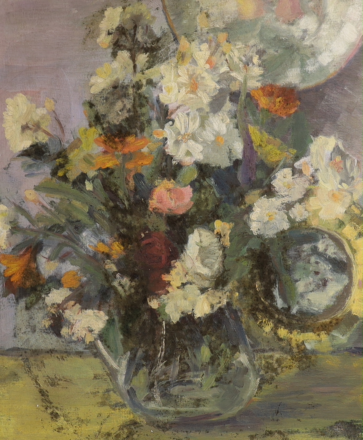 Lowes Dalbiac Luard (1872-1944), oil on board, Still life of flowers in a vase, details verso, 53 x 43cm